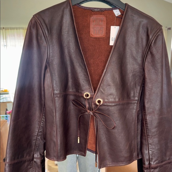 cult gaia Jackets & Blazers - Cult Gaia Dark Brown Leather Tie-Front Jacket